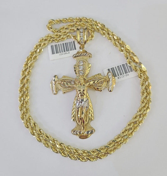 10k Solid Rope Chain Jesus Cross Charm Set 4mm 20"-28" Necklace Gold Yellow