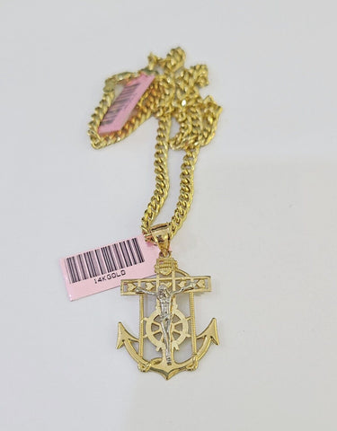 14k Yellow Gold Miami Cuban Chain Jesus Anchor Charm Set 4mm 18"-26" Necklace