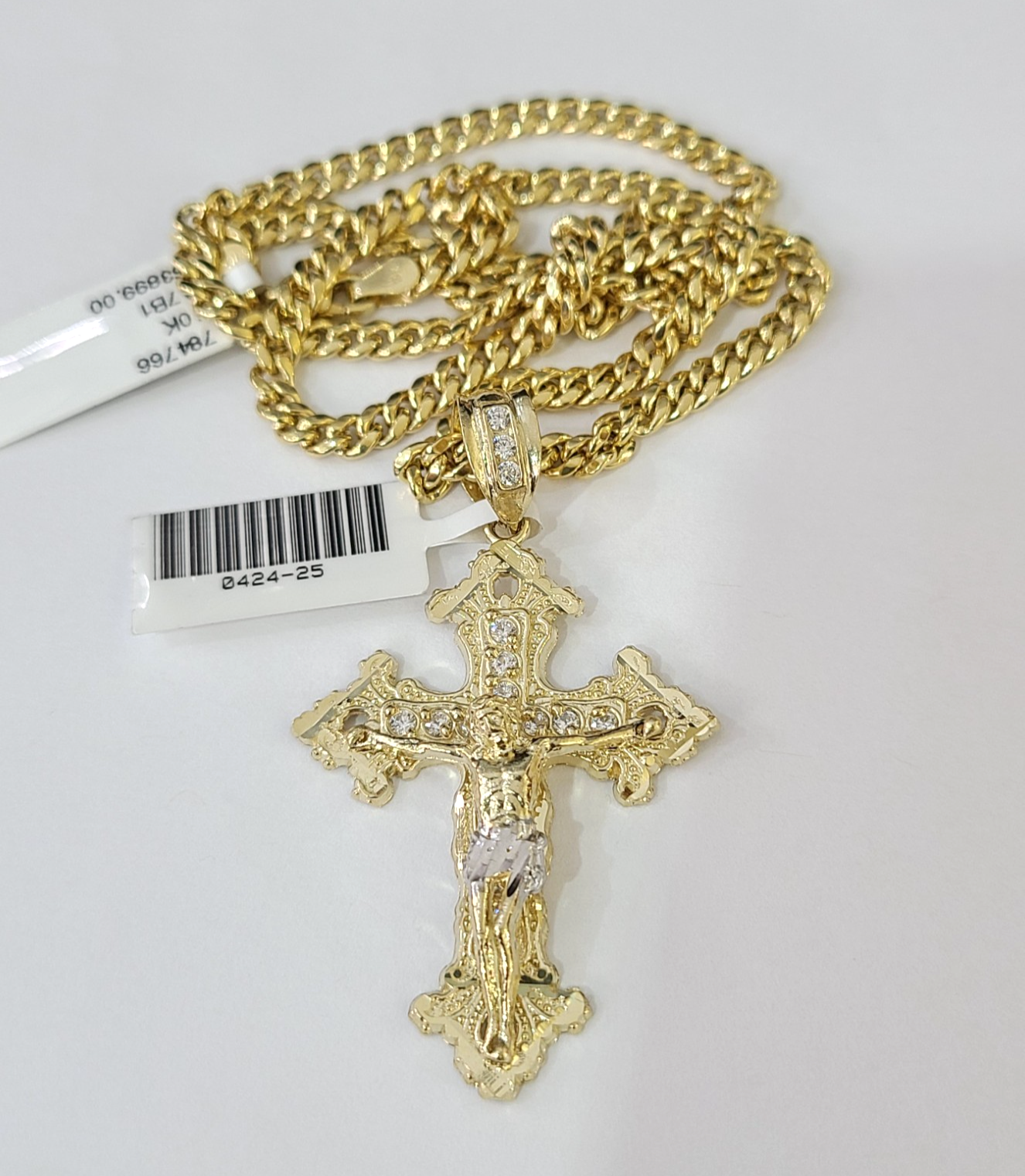 10k Gold Chain Miami Cuban Jesus Cross Charm Pendant Set 4mm 18"-28" Necklace
