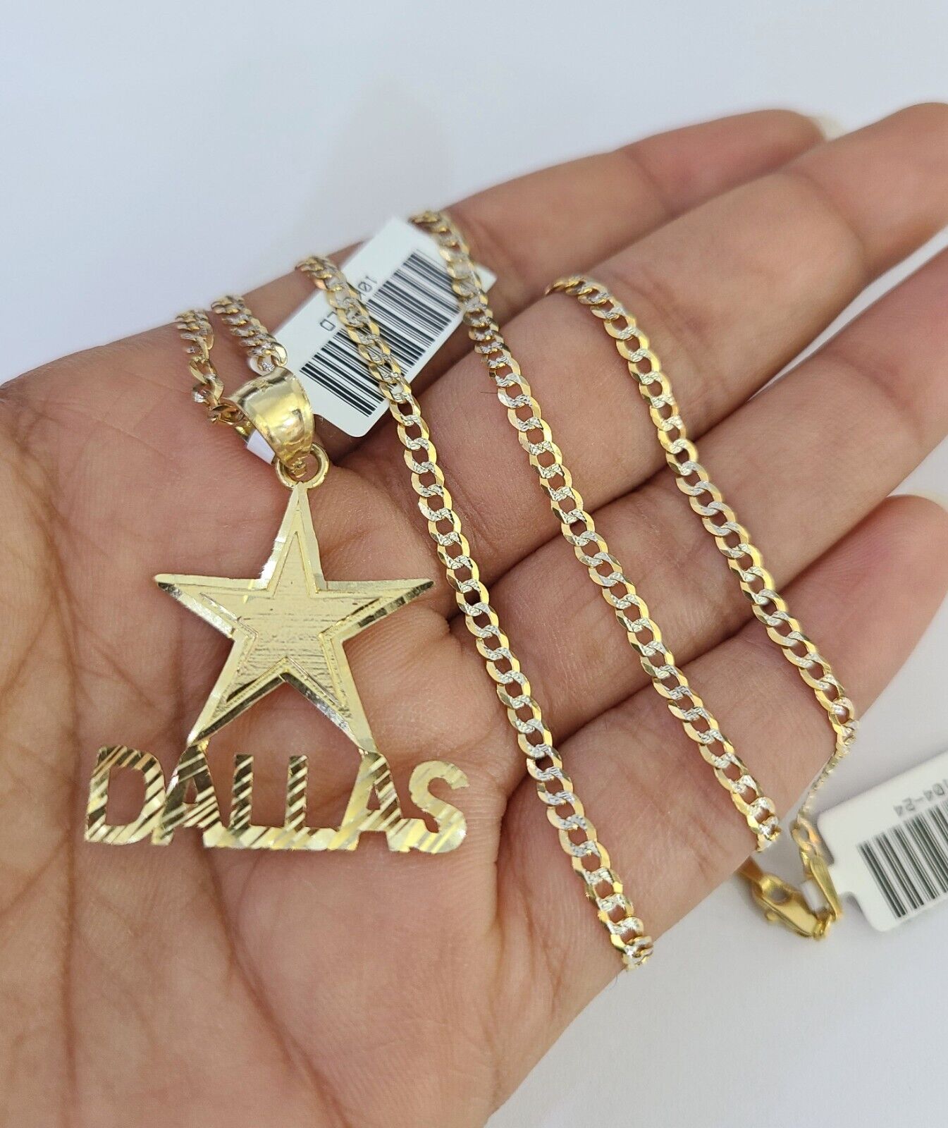 10k Solid Gold Cuban Curb Chain Dallas Star Pendant 2mm 18"-24" SET Necklace