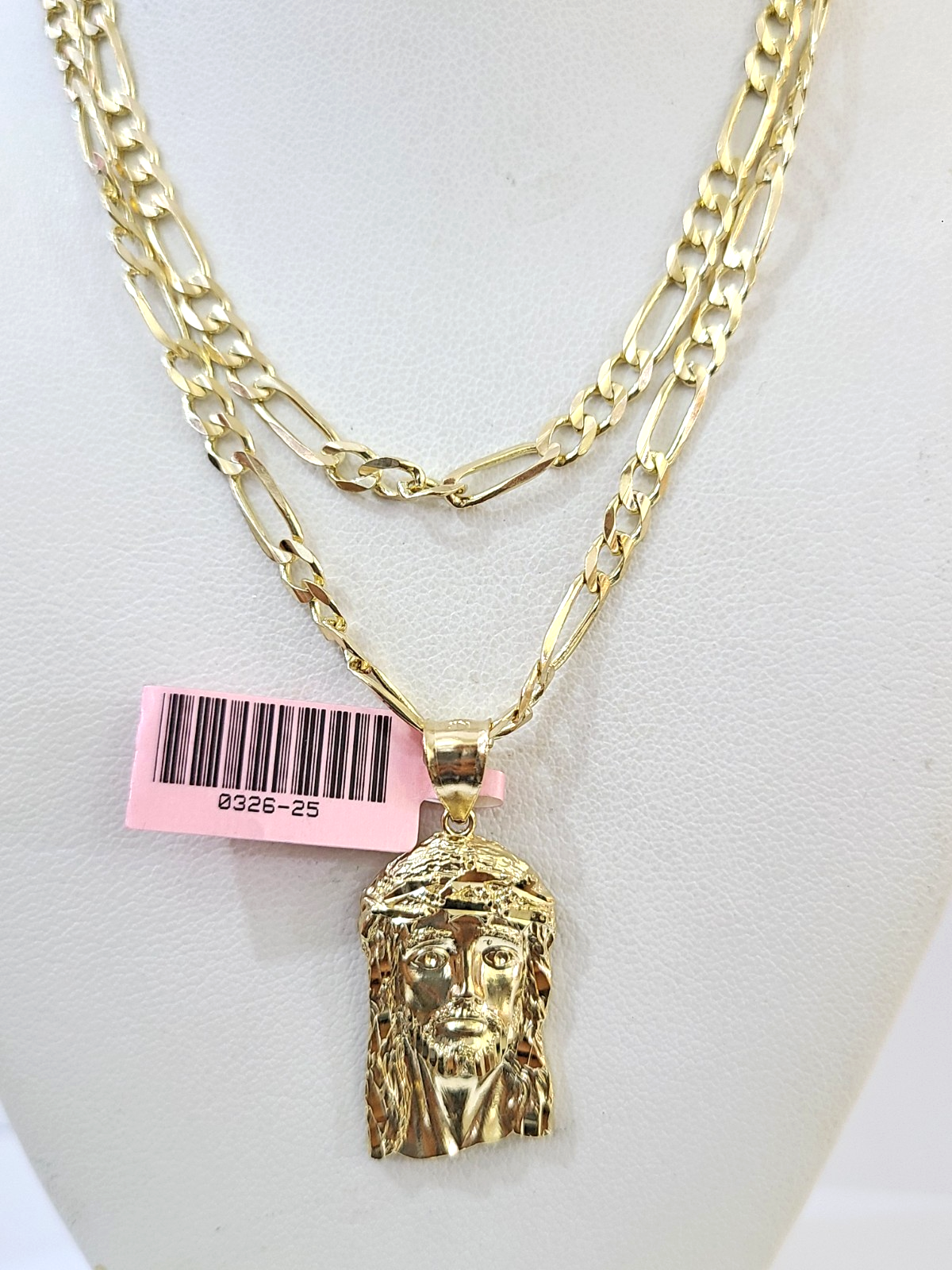 14k Solid Figaro Chain Jesus Head Pendant Gold 4mm 18-28 inch SET Necklace