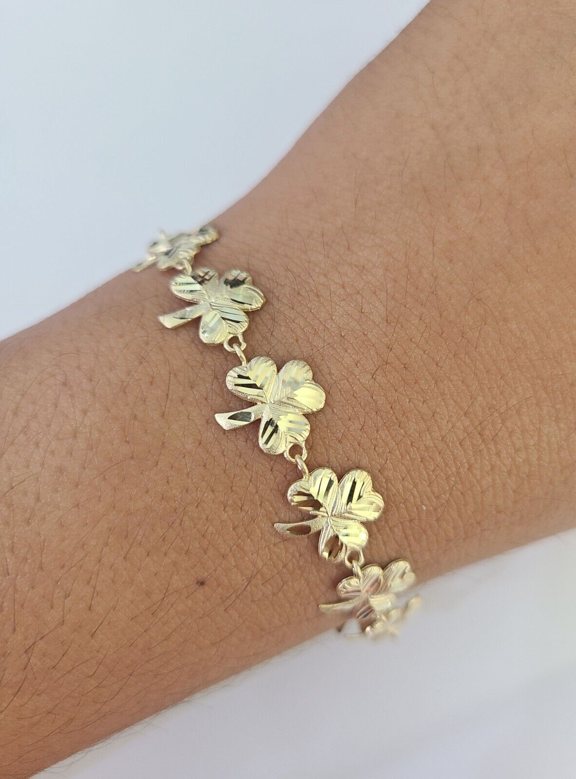 Real 10K Leaf Irish Shamrock Clover Bracelet 11mm 7 Inches 10kt Yellow Gold