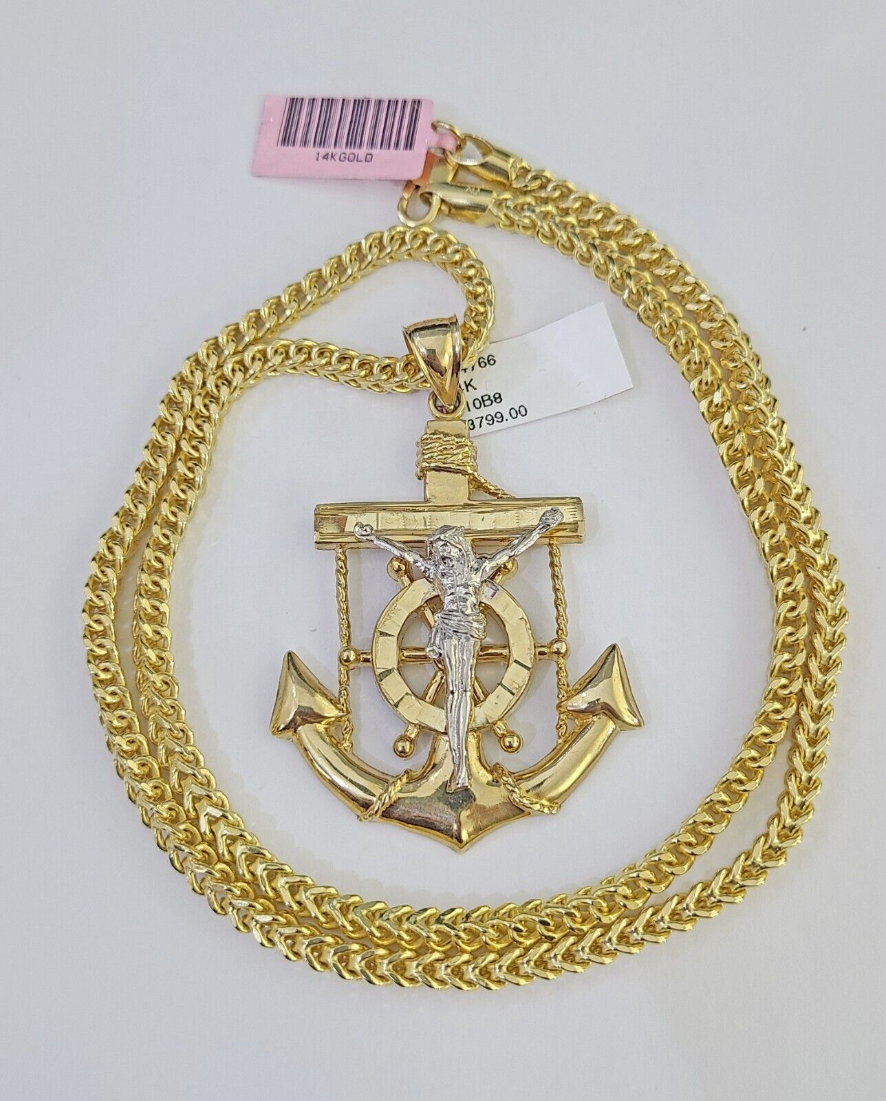 14K Franco Chain Jesus Anchor Pendant Charm Necklace 20"-26" 4mm Gold