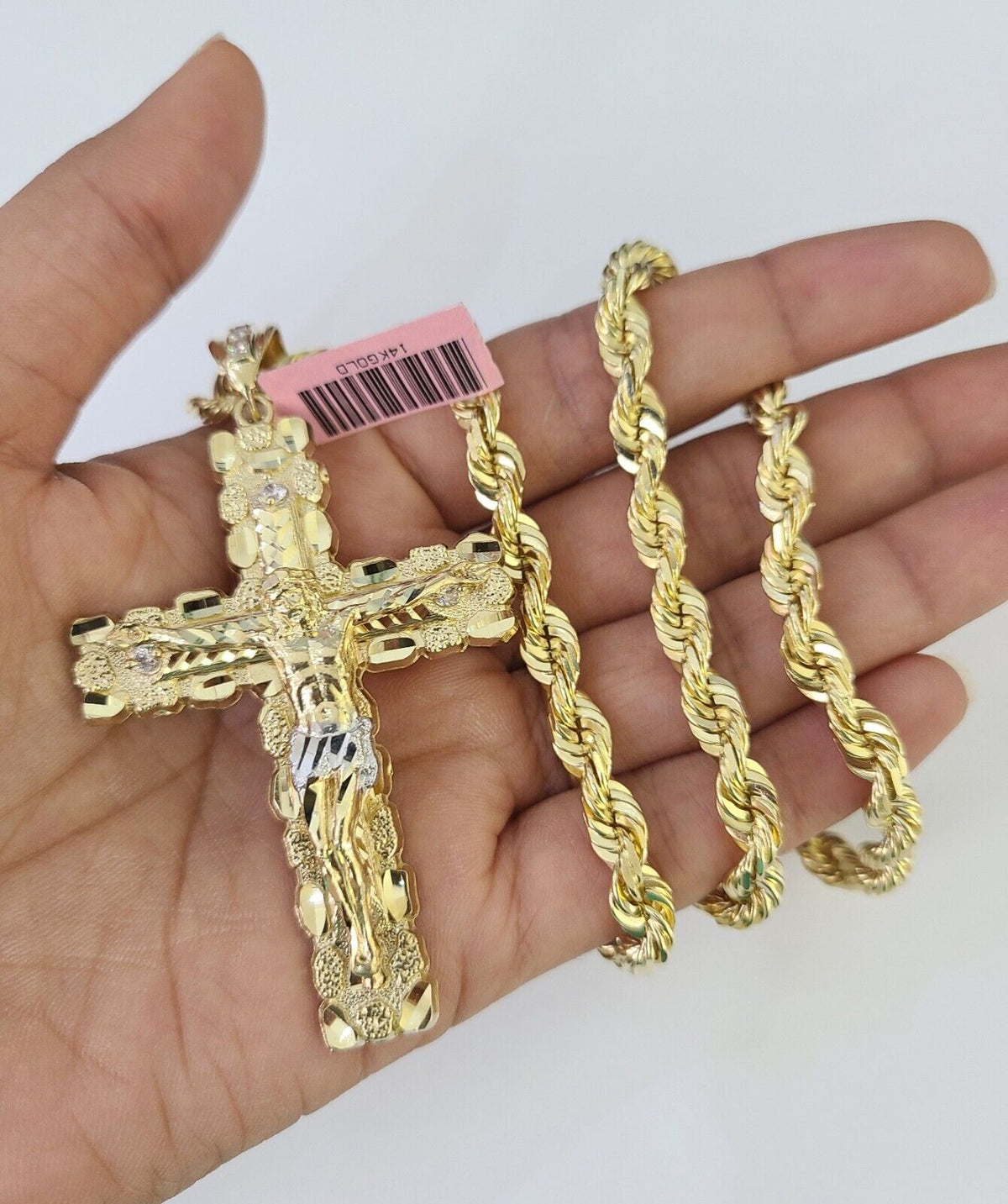 Jesus Rope Silver Chain Real 14k Solid Rope Chain Jesus Cross Charm Set 6mm 18