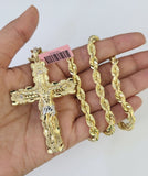 Real 14k Solid Rope Chain Jesus Cross Charm Set 6mm 18"-30" Necklace Gold