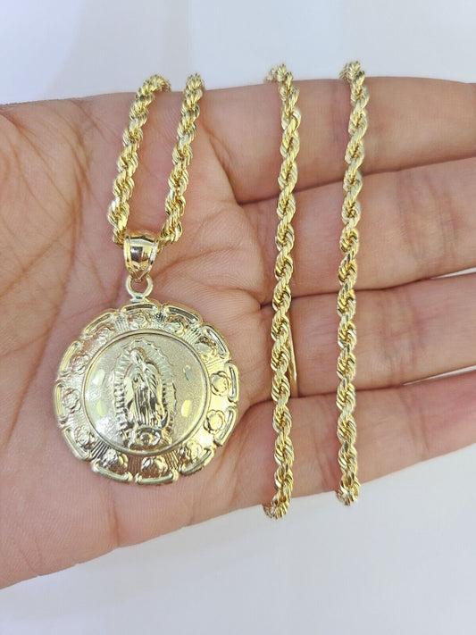 10k 3mm Rope Chain Virgin Mary Pendant 18"-30" Yellow Gold Set Charm Necklace