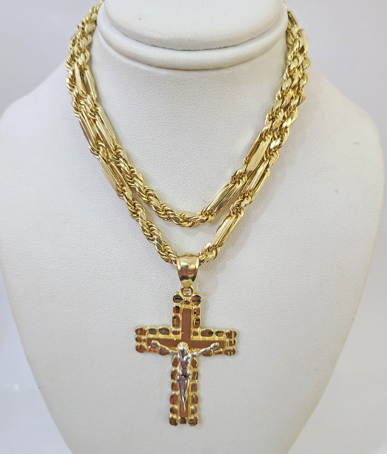10k Milano Rope Chain Jesus Cross Charm Necklace SET 5mm 18"-28" Pendant