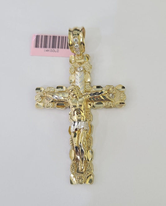 14k Jesus Christ Nugget Cross Charm Pendant Yellow Gold REAL Genuine