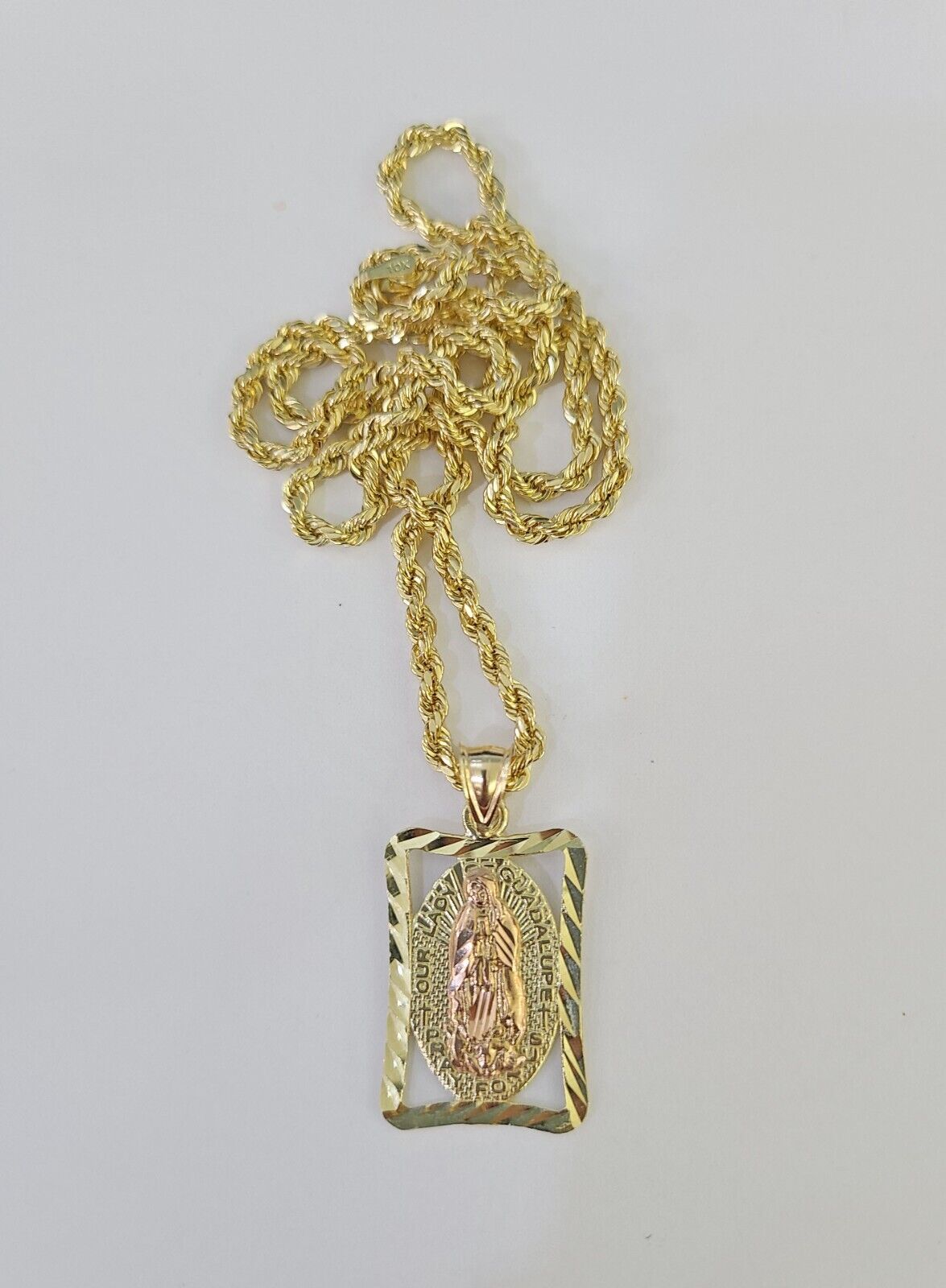 10k 3mm Rope Chain Virgin Mary Pendant 18"-30" Yellow Gold Set Charm Necklace