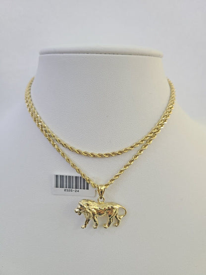 10k 2.5mm Rope Chain Lion Pendant 18"-30" Yellow Gold Set Charm Necklace