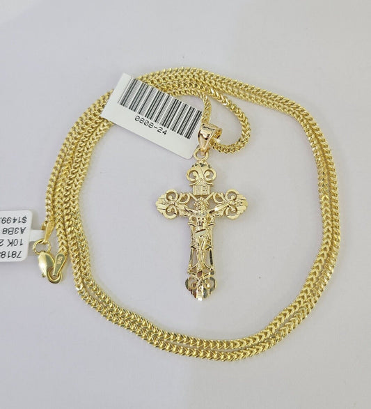 10K Franco Chain Jesus Cross Pendant Charm Necklace 16"-24" 2mm Gold SET Yellow