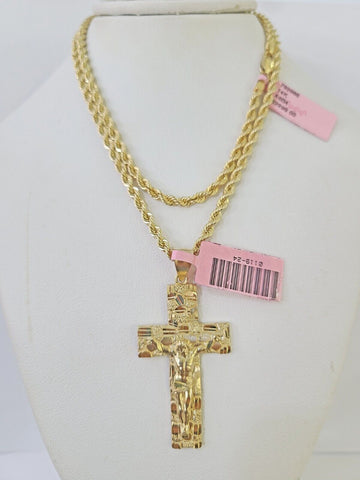 Real 14k Rope Chain Jesus Cross Charm Set Yellow Gold 3mm 18"-26" Necklace