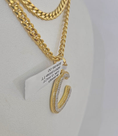 10k Miami Cuban Chain C Diamond Charm Set 4mm 18-26"Yellow Gold Necklace Pendant
