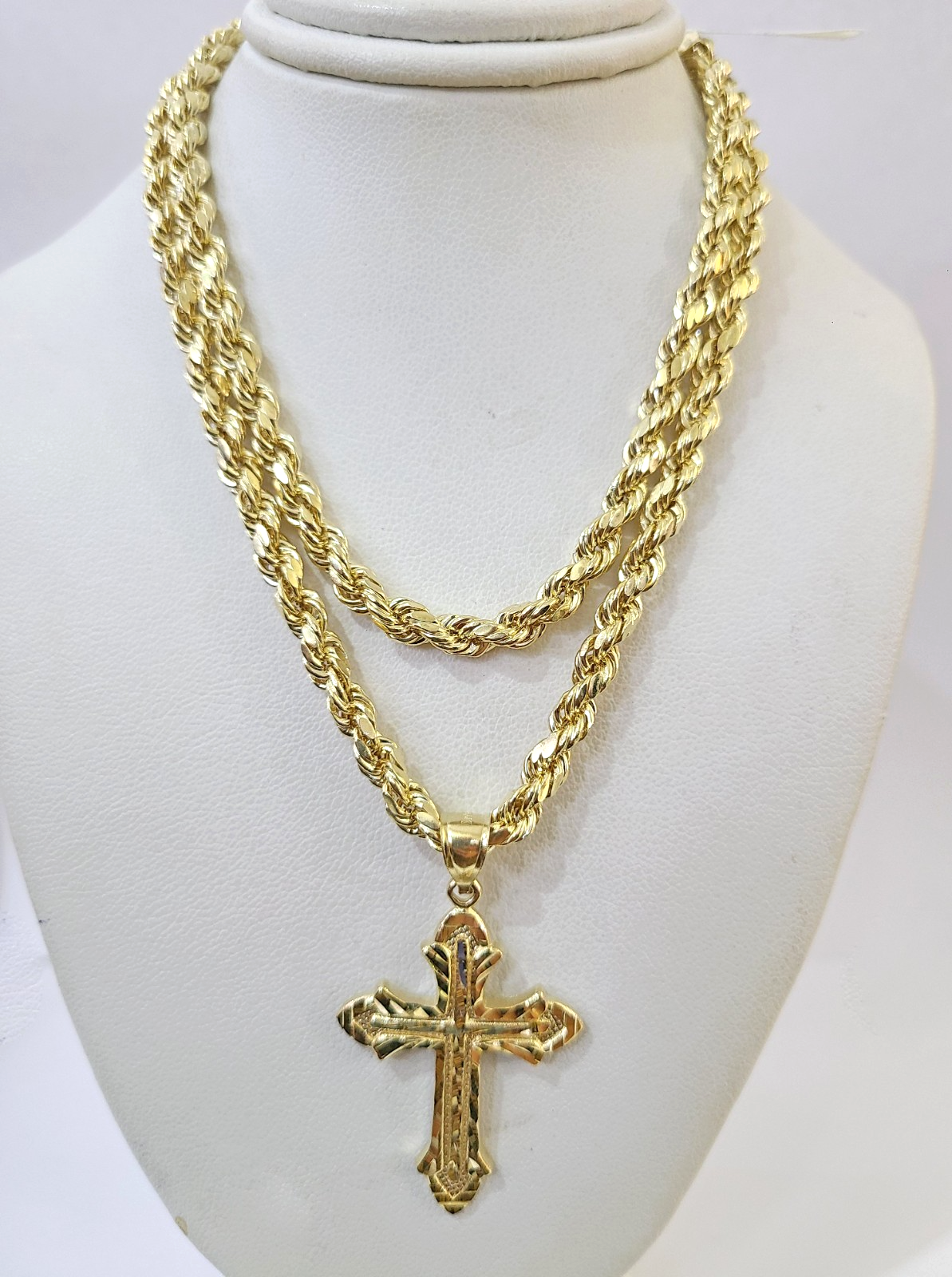 Real 10k Rope Chain Jesus Cross Charm Necklace Pendant Set 4mm 18"-28" Gold