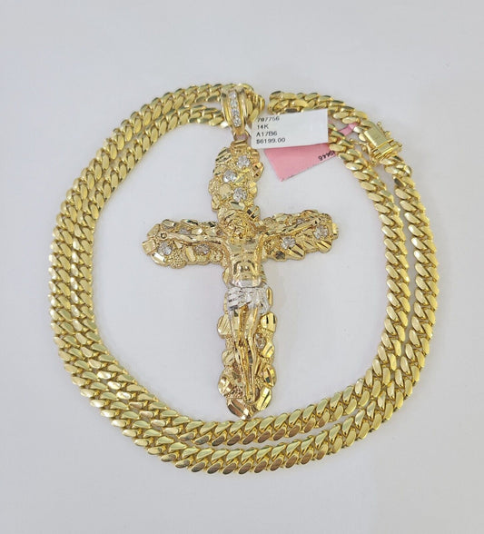 Real 14k Solid Chain Cross Charm Set Miami Cuban Link 6mm Necklace Pendant Gold