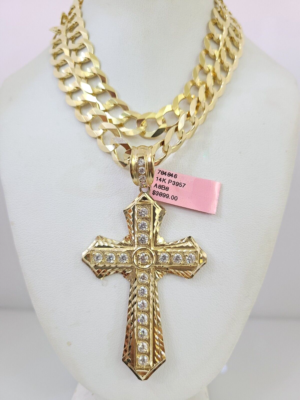 14k Gold Chain Jesus Cross Charm Solid Cuban Curb 10mm 20"-30" SET Necklace