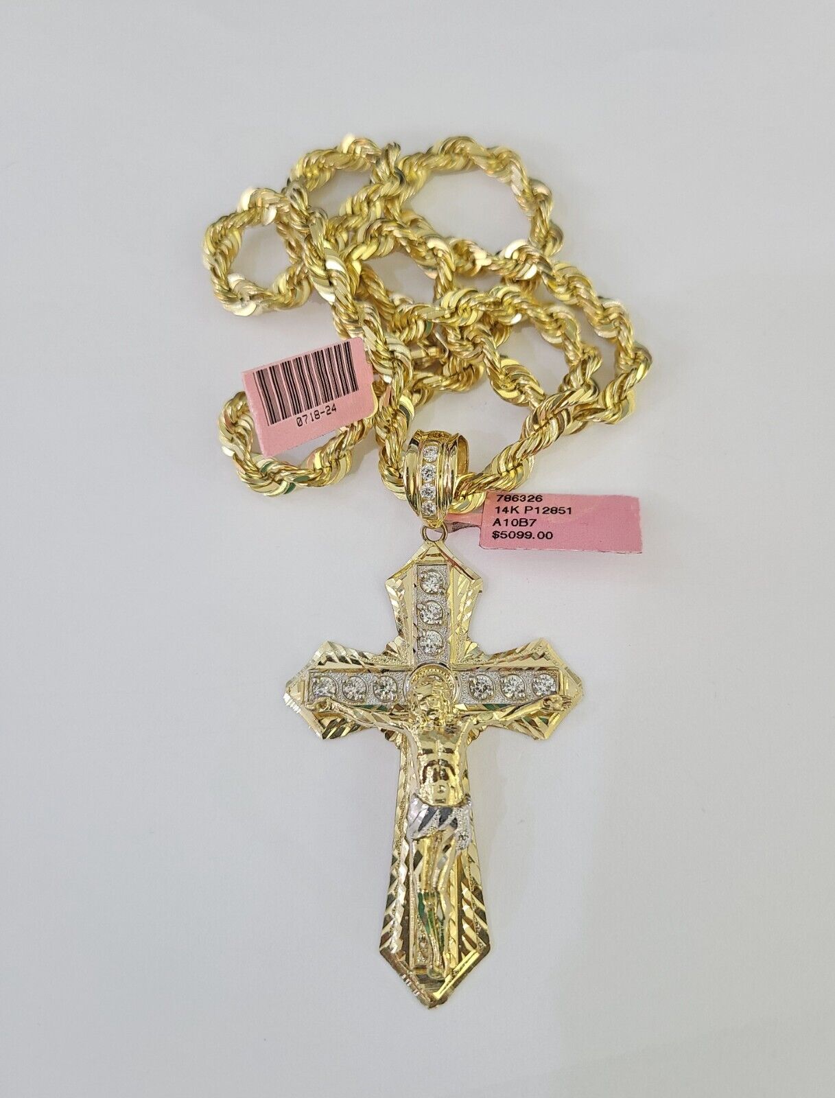 Real 14k Solid Rope Chain Jesus Cross Charm Set 6mm 18"-30" Necklace Gold