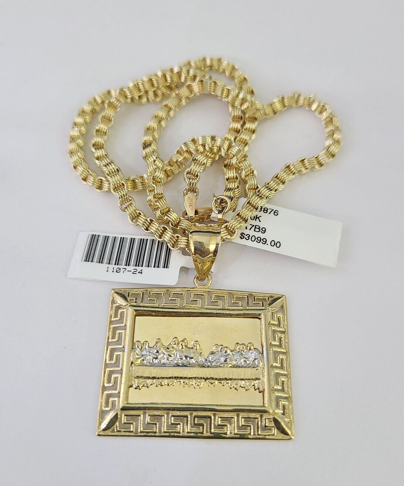 10k Gold Byzantine Necklace Last Supper Charm 20-28 inches 3mm REAL SET Chain