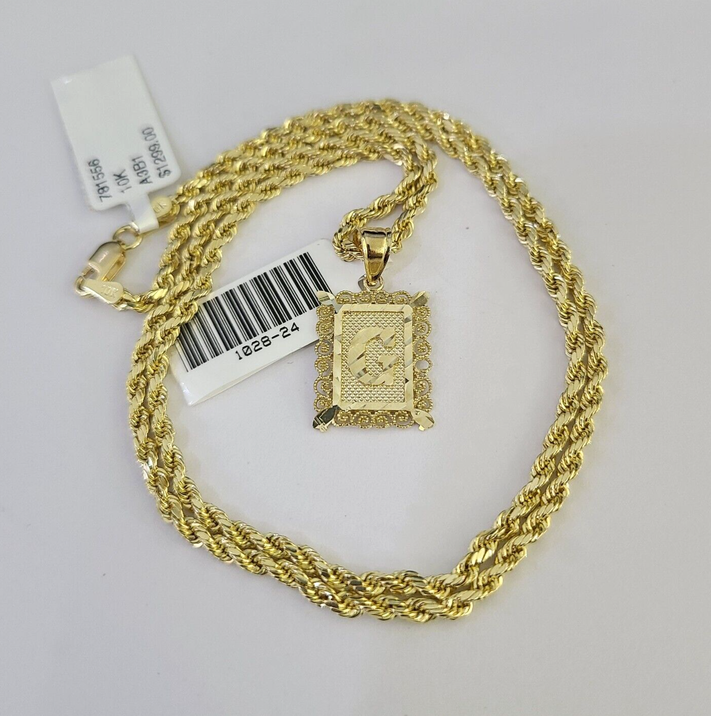 10k Gold Initial G Charm Rope Chain 16"-26" 2.5mm SET Necklace Alphabet Pendant