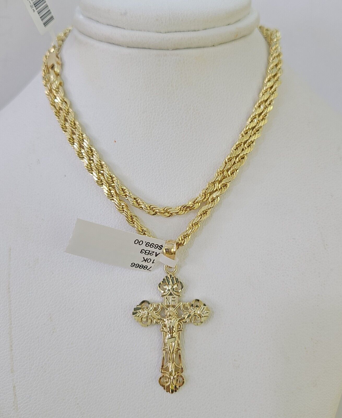 Real 10k 3mm Rope Chain Jesus Cross Pendant Charm 18" 20" 22" 24" 26" Set Yellow