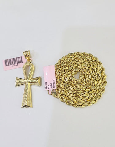 Real 14k Yellow Gold Rope Chain Ankh Cross Charm Set Link 7mm 22Inch Necklace