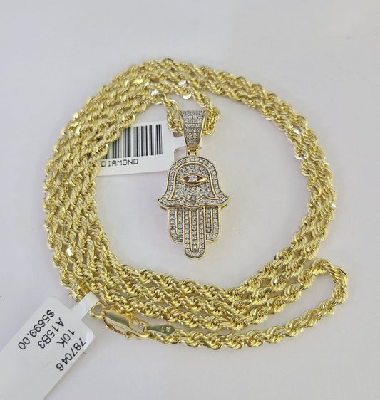 10k Solid Rope Chain 3mm Diamond Hamsa Hand Pendant Charm Necklace SET 18-26 in