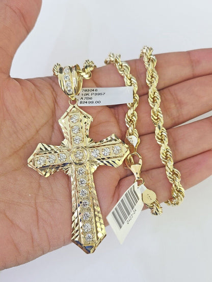 Real 10k Rope Chain Jesus Cross Charm Set 7mm 18"-26" Inch Necklace Yellow Gold