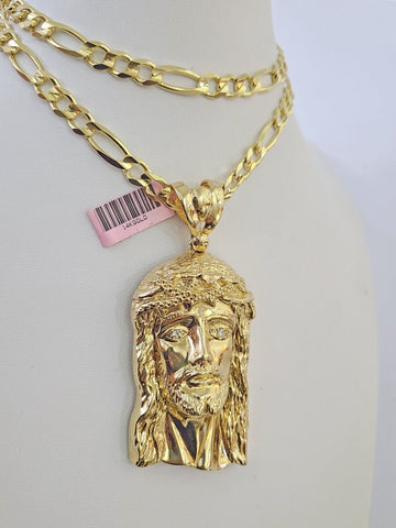 14k Figaro Chain Jesus Head Charm Pendant Gold 7mm 20-30 inch SET Necklace