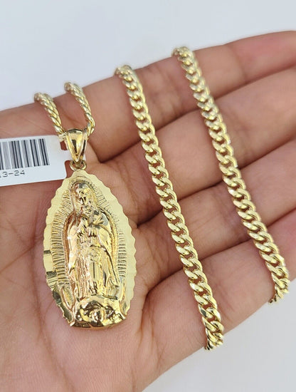 10k Miami Cuban Chain Virgin Mary Charm Set 4mm 18"-28" Necklace Yellow Gold