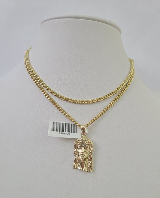 10K Gold Miami Cuban Chain Jesus Head Charm 18"-30" 3mm REAL Pendant