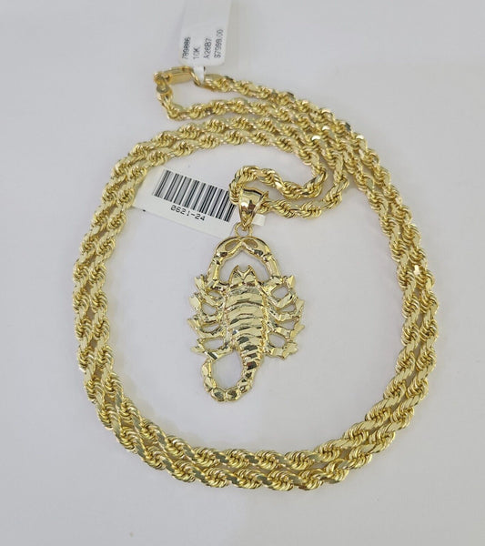 10k Solid Rope Chain Scorpion Charm Set 4mm 20"-28" Necklace Gold Yellow