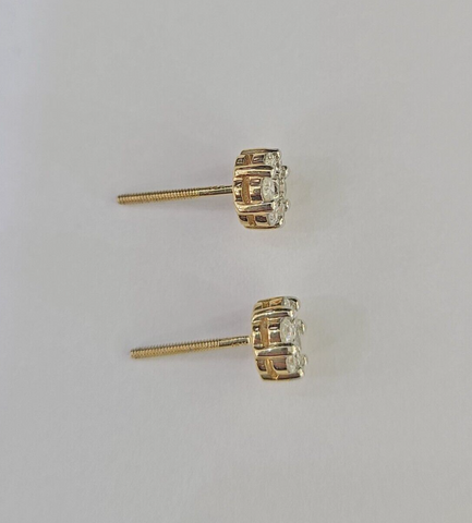 14k Diamond Flower Earrings Yellow gold Real Screw-Back Women Men Studs