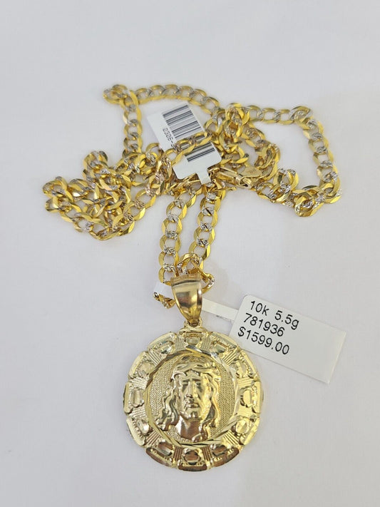 10k Gold Chain Jesus Head Charm Solid Cuban Curb 5mm 18"-28" Inch SET Necklace