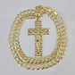 10k Gold Chain Cross Charm Solid Cuban Curb Necklace 9mm 20"-30" Diamond Cut SET