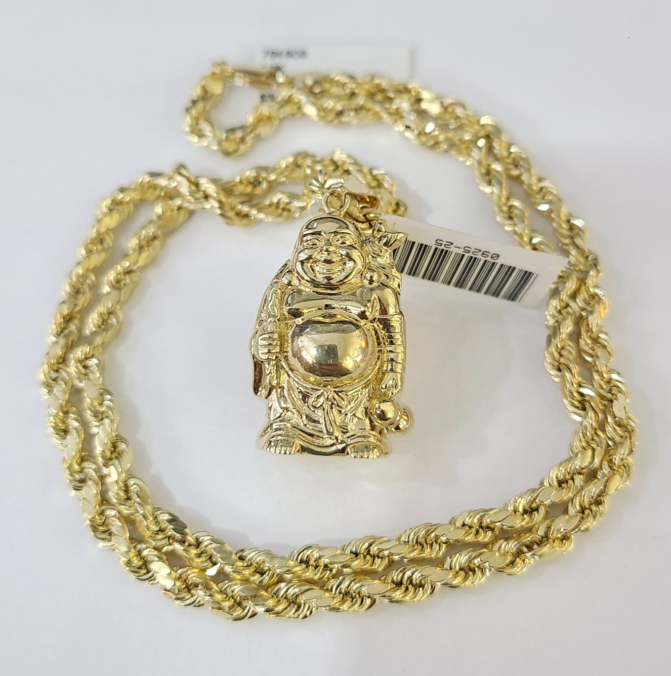 Real 10k Gold Rope Chain Necklace Laughing Buddha Pendant Charm Set 4mm 20"-30"