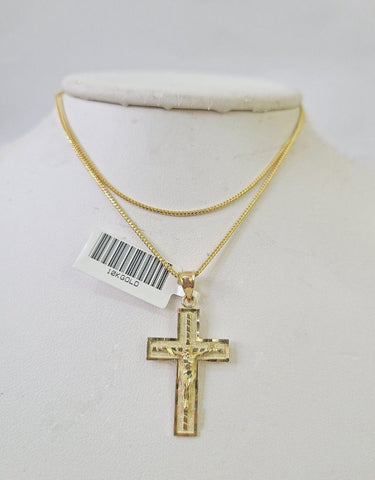 10K Solid Franco Chain Jesus Cross Pendant Charm Necklace 18"-24" 1.5mm Gold