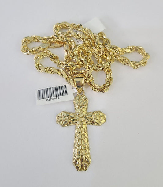 Real 10k Gold Rope Chain With Nugget Cross Set 10kt Necklace 5mm 20"-30" For Men's