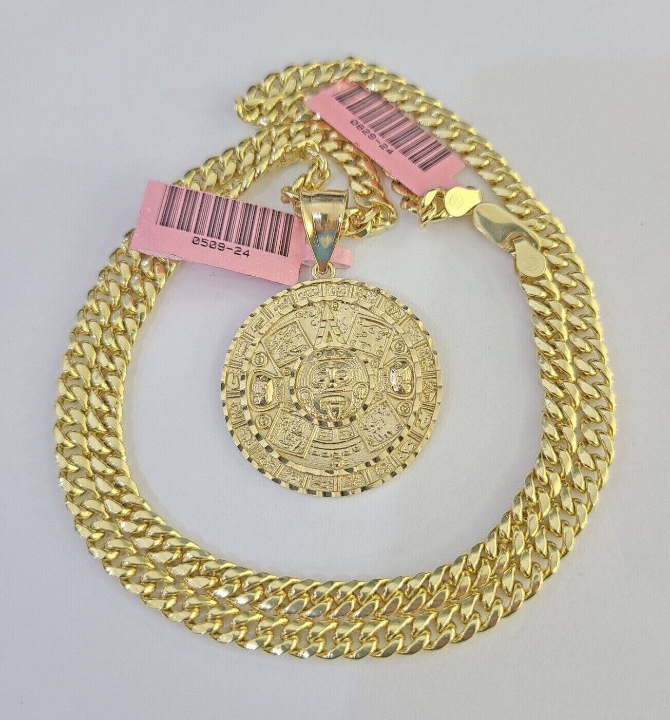 14k Chain Mayan Calendar Charm Set Miami Cuban Link 5mm 18"-30" Necklace Pendant