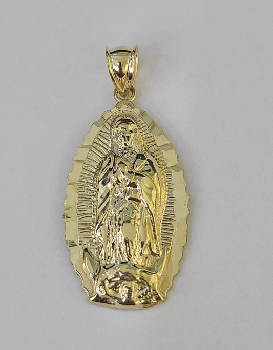 Real 10K Virgin Mary Pendent Charm 10kt Yellow Gold 1.5" Oval Holy Mother