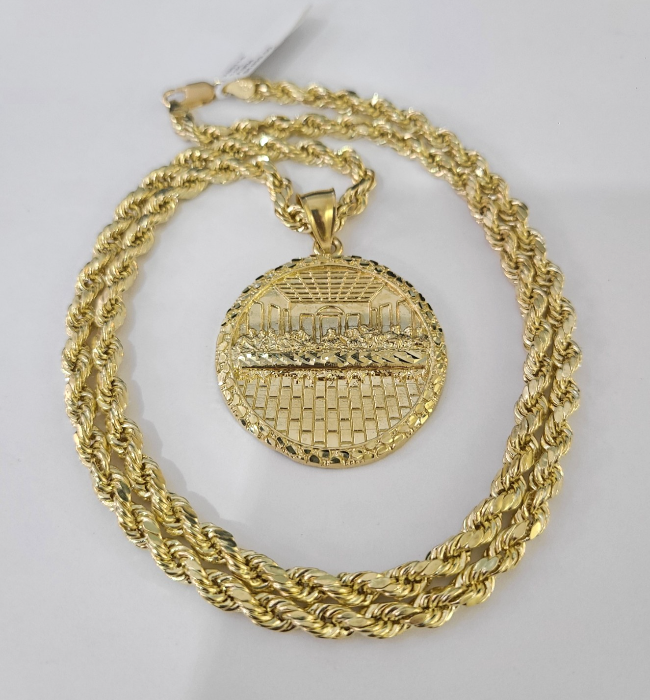 Real 10k Gold Rope Chain Last Supper Nugget Pendant Set 5mm 18"-28"