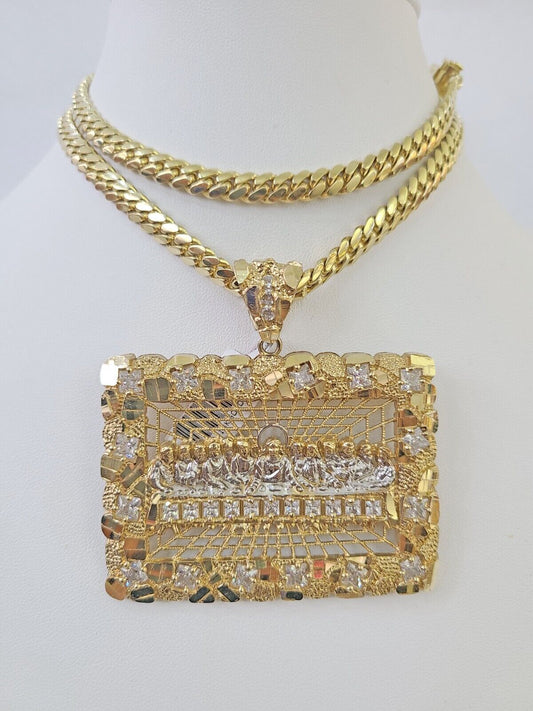 Real 14k Solid Chain Last Supper Charm Set Miami Cuban Link 6mm Necklace Pendant