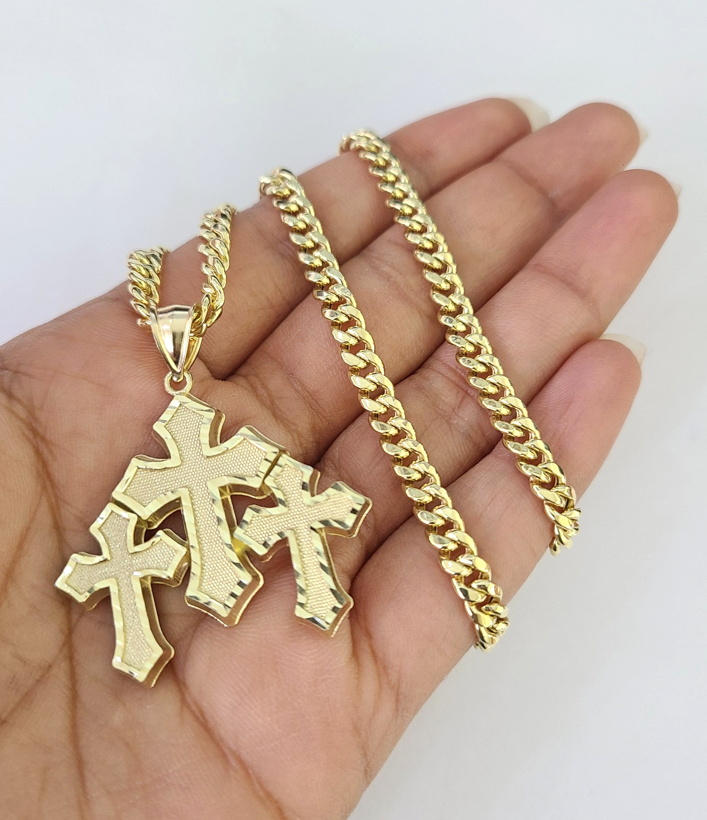 10k Triple Cross Charm Miami Cuban Chain Pendant Set 5mm 18"28" Necklace Gold