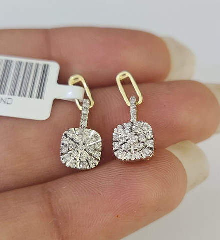 10k Diamond Cushion Earrings Ladies Drop Yellow gold Real Screw-Back studs