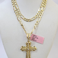 14k Solid Figaro Chain Jesus Cross Pendant Gold 4mm 18"-28" SET Necklace