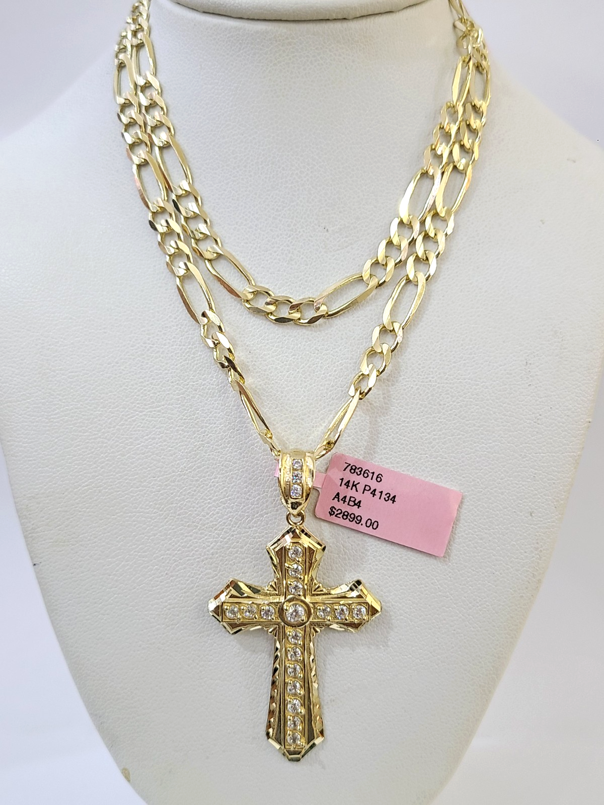 14k Solid Figaro Chain Jesus Cross Pendant Gold 4mm 18"-28" SET Necklace