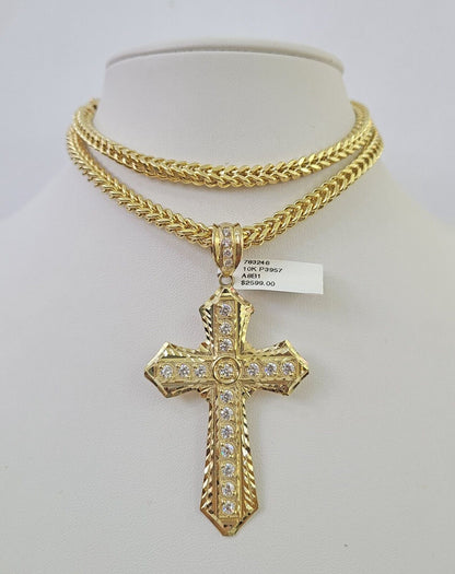 10K Franco Chain Jesus Cross Pendant Charm Necklace 20"-26" 5mm Gold SET Yellow