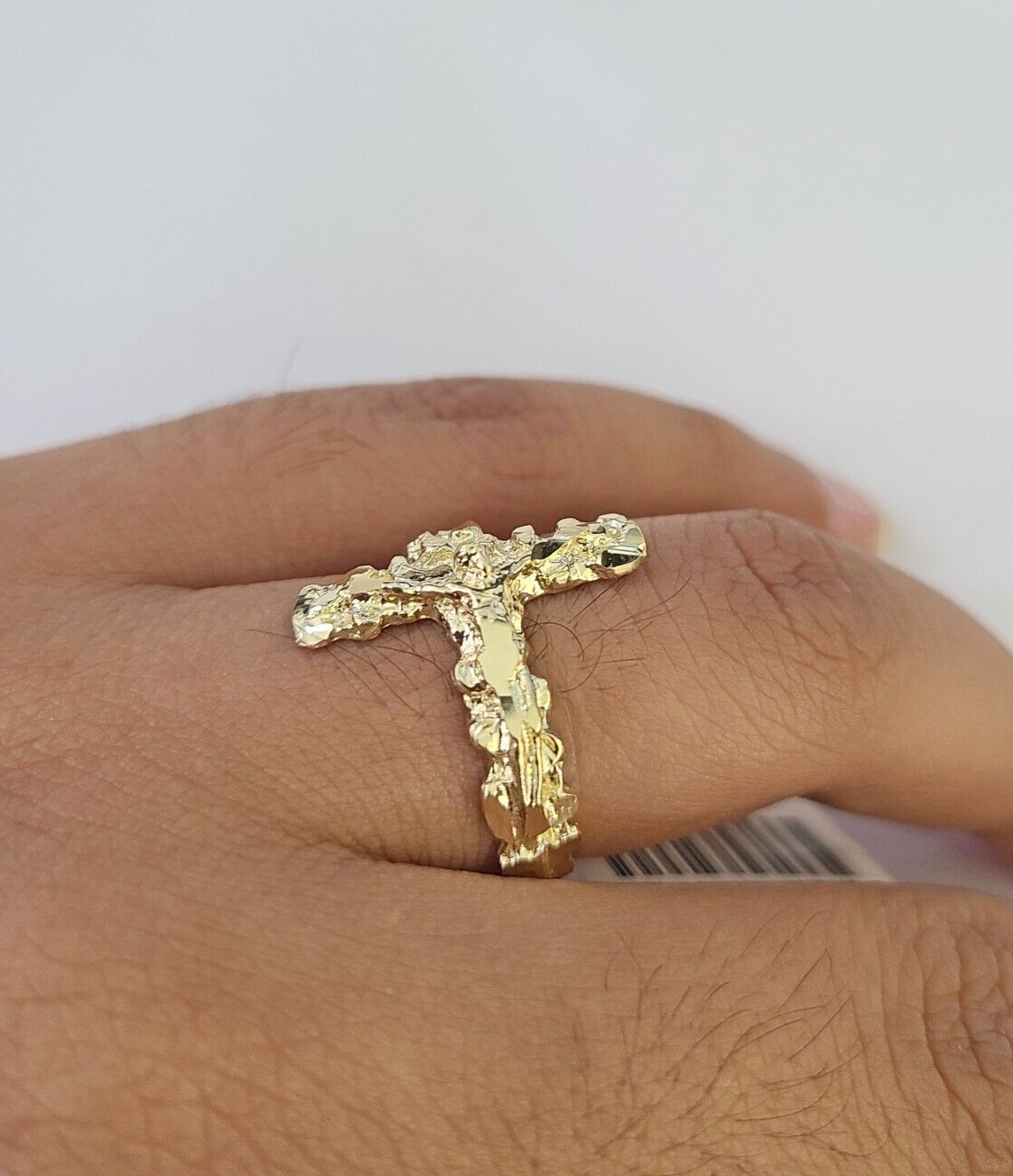 REAL 10K Gold Jesus Cross Nugget Ring Band Style Rings 10Kt Yellow