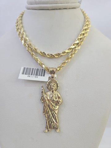 10k Solid Rope Chain Saint Jude Charm Set 4mm 18"-30" Necklace Gold Pendant
