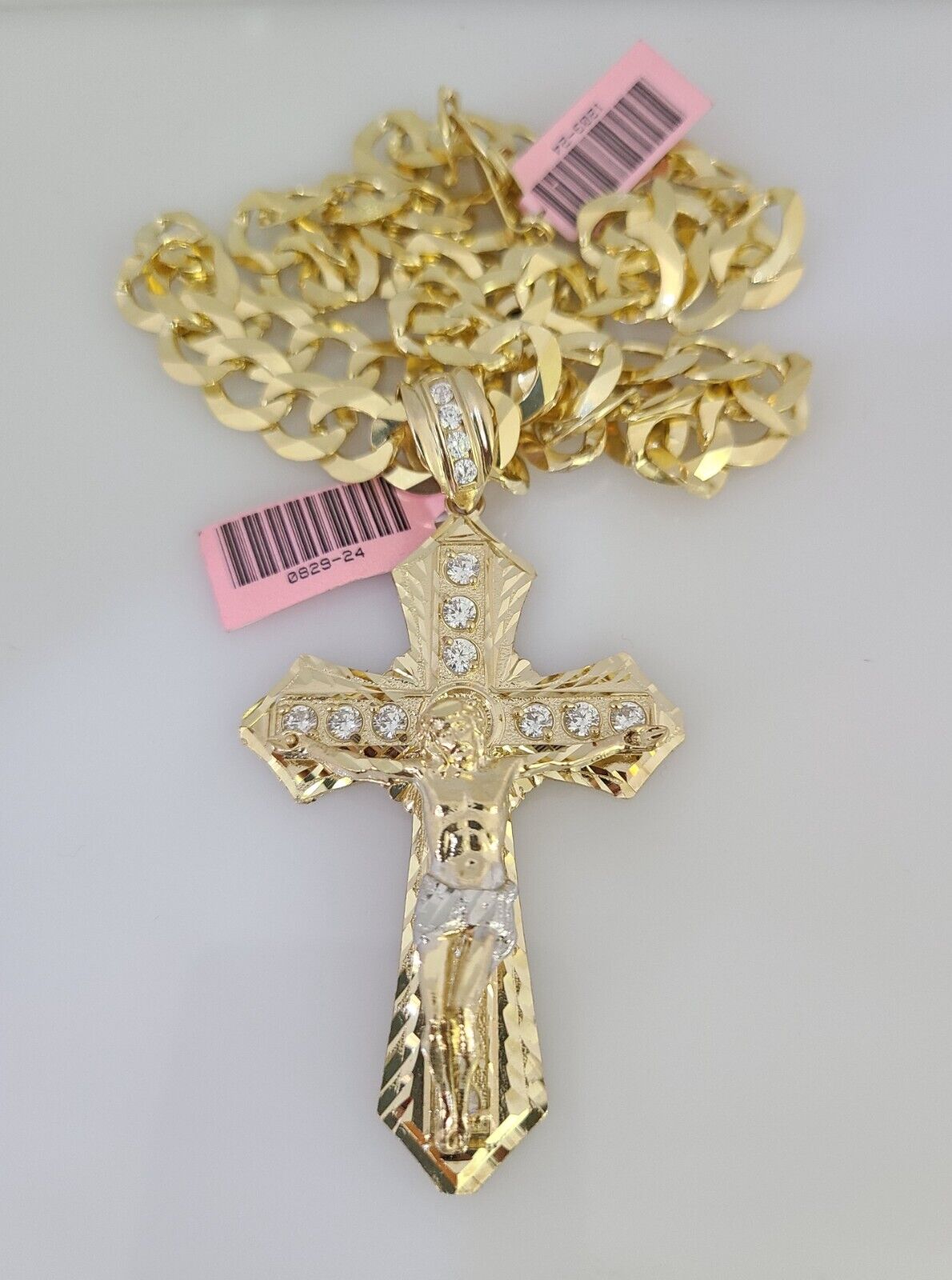 14k Gold Chain Jesus Cross Charm Solid Cuban Curb 10mm 20"-30" SET Necklace