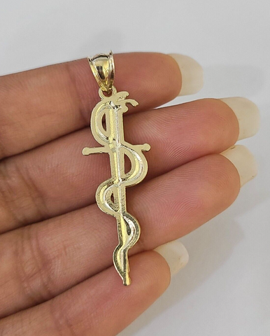 Real 10K Snake Sword Pendant 1.5" Yellow Gold Charm Veterinarian Caduceus